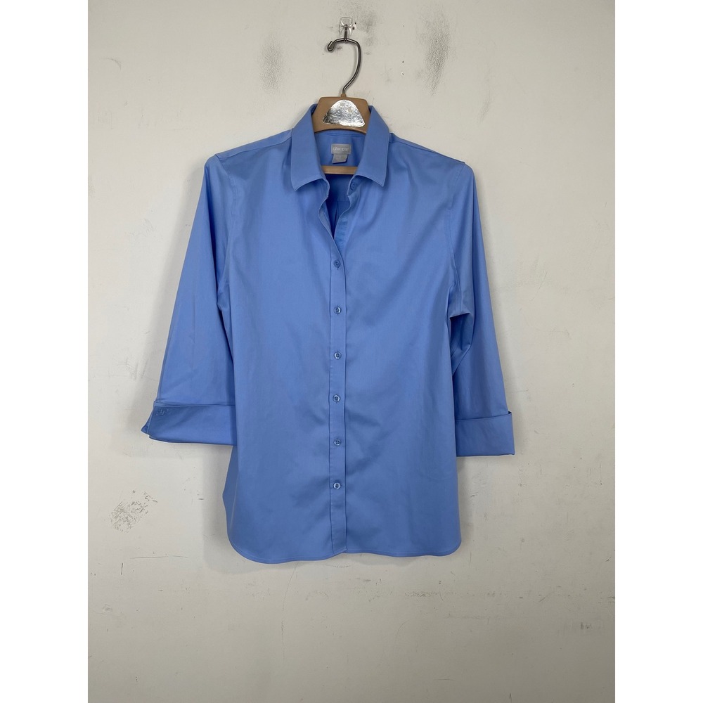 Chico's No-Iron Chic Stretch Blue Button Down Shirt 3/4 Sleeve Size 2 Large 12